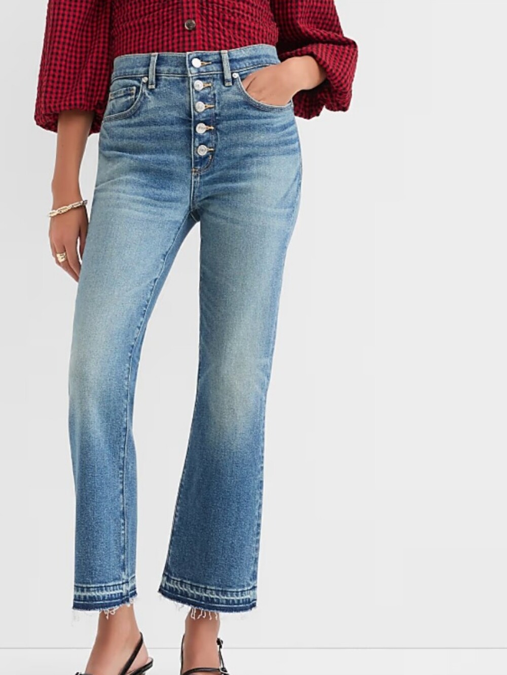 LOFT Mid Vintage Wash High-Rise Button-Front Cropped Kick Jeans - Blue 25